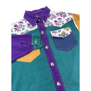 Vintage Bonjour Girls Shirt Size 8 Red Purple Green Floral Denim Long Sleeve